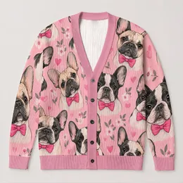 French Bulldog Bow Faces for Everyday Layering and Casual Spring Style for Women All-over Print Knitted Cardigan