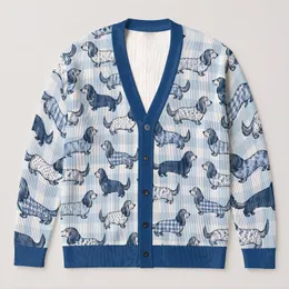 Blue Dachshund Checks For Cozy Autumn Walks And Everyday Casual Style For Dog Lovers All-over Print Knitted Cardigan