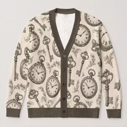 Vintage Pocket Watches And Ornate Keys For Everyday Layering, Women’s Classic Style All-over Print Knitted Cardigan