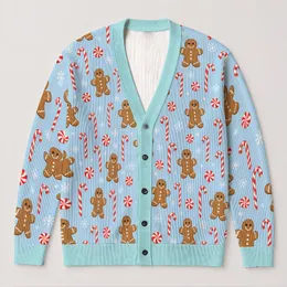 Light Blue Gingerbread Men and Candy Canes for Cozy Christmas Gatherings and Holiday Cheer All-over Print Knitted Cardigan