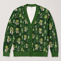 Whimsical Green Lab Monsters for Cozy Fall Outings, Cute Science-Lover Everyday Style All-over Print Knitted Cardigan