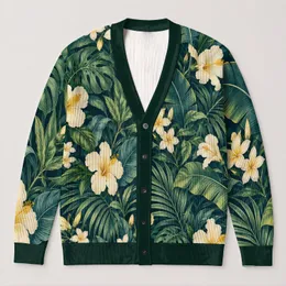 Tropical Hibiscus Floral Jungle Leaves for Resort Travel and Everyday Layering Women All-over Print Knitted Cardigan