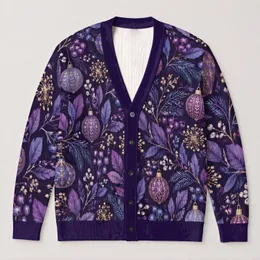 Purple Botanical Ornaments for Cozy Autumn Layering and Holiday Gatherings for Women All-over Print Knitted Cardigan