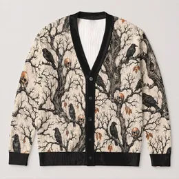 Ravens, Gnarled Trees and Autumn Skulls for Halloween Gatherings and Casual Layering All-over Print Knitted Cardigan