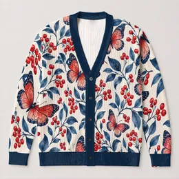 Red Butterfly Berry Botanical Motif for Spring Layering and Casual Everyday Wear All-over Print Knitted Cardigan