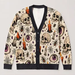 Gothic Skull Eyeball Candles And Spiderwebs For Halloween Layering Women's Style All-over Print Knitted Cardigan