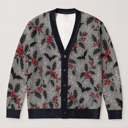 Red Holly Berries And Black Bat Motif For Cozy Fall Layering, Women's Gothic Style All-over Print Knitted Cardigan