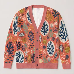 Coral Sea Life Motifs for Colorful Coastal Layering, Women’s Everyday Winter Style All-over Print Knitted Cardigan