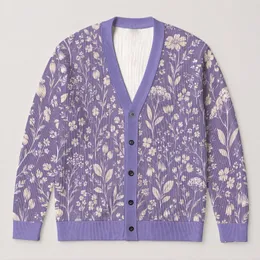 Lavender Wildflower Sprigs for Relaxed Everyday Layering and Autumn Weekend Style All-over Print Knitted Cardigan