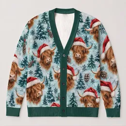 Highland Cow Santa Hat Holiday Woodland Scene For Cozy Winter Layering For Women All-over Print Knitted Cardigan