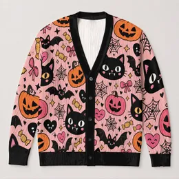Cute Gothic Cats, Bats And Pumpkins For Halloween Parties, Casual Layering, Women All-over Print Knitted Cardigan