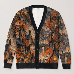 Haunted Village Halloween Autumn Scene for Women, Cozy Seasonal Layering Style All-over Print Knitted Cardigan