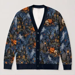 Spooky Haunted House Skulls And Pumpkins For Halloween Parties And Autumn Layering All-over Print Knitted Cardigan
