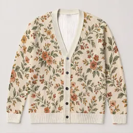 Vintage Ivory Floral Vine Motif for Cozy Spring Layering and Relaxed Everyday Style All-over Print Knitted Cardigan
