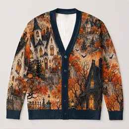 Haunted Village Pumpkin Moonlit Scene For Halloween Nights And Autumn Gatherings All-over Print Knitted Cardigan