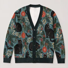 Black Cat Evergreen Ornaments For Cozy Holiday Layering, Women’s Winter Wardrobe All-over Print Knitted Cardigan