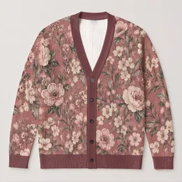 Vintage Dusty Rose Floral Botanicals For Relaxed Everyday Layering In Women's Style All-over Print Knitted Cardigan