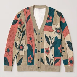 Coral Daisy Teal Botanical Blooms For Casual Autumn Layering And Weekend Wear Style All-over Print Knitted Cardigan
