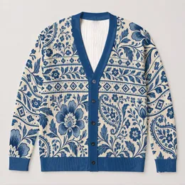 Blue Folk Floral Paisley Layering Style for Women, Casual Autumn Weekend Outfits All-over Print Knitted Cardigan