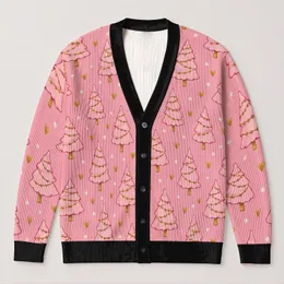 Pink Christmas Trees With Golden Hearts For Festive Layering And Cozy Holiday Style All-over Print Knitted Cardigan