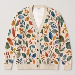 Multicolor Botanical Branches for Relaxed Autumn Layering, Women's Youthful Everyday Style All-over Print Knitted Cardigan