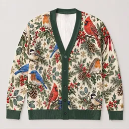 Vintage Cardinal and Robin Holiday Foliage for Cozy Autumn Winter Layering Style All-over Print Knitted Cardigan