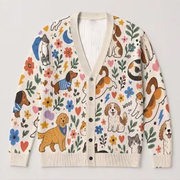 Colorful Cat And Dog Doodle Art For Casual Everyday Layering, Giftable For Pet Lovers All-over Print Knitted Cardigan