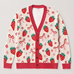 Strawberry Bow Floral Style For Casual Vacation Days And Charming Everyday Looks All-over Print Knitted Cardigan