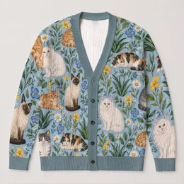 Whimsical Cat Garden Motifs for Cozy Autumn Layering and Relaxed Everyday Feline Lover Style All-over Print Knitted Cardigan