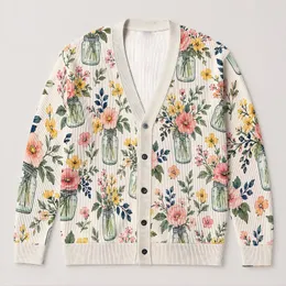 Mason Jar Wildflower Blooms for Spring Vacation Layering and Casual Everyday Style All-over Print Knitted Cardigan