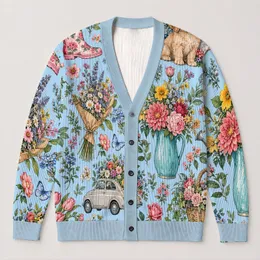 Puppy Floral Bouquet Garden Scene for Casual Autumn Outings and Vacation Layering All-over Print Knitted Cardigan
