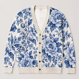 Blue And White Peony Blooms For Elegant Autumn Outings, Vacations, And Date Styling All-over Print Knitted Cardigan