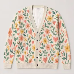 Pastel Floral Hearts for Everyday Layering, Casual Autumn Outings, and Workwear for Women All-over Print Knitted Cardigan