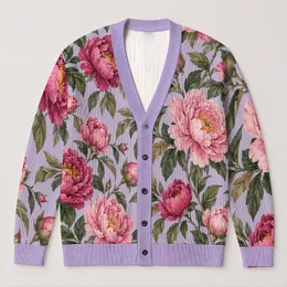 Lavender Peony Blooms for Spring Vacation and Date Days, Feminine Floral Style for Women All-over Print Knitted Cardigan