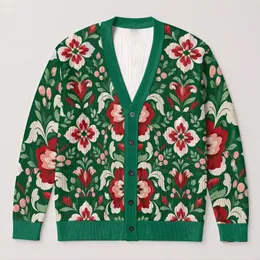 Red Floral Folk Motifs for Cozy Fall Layering, Festive Winter Gatherings, and Gifting All-over Print Knitted Cardigan