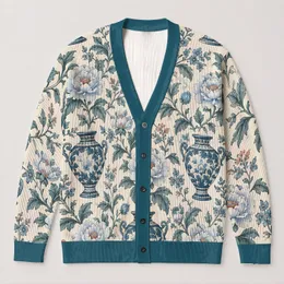 Blue Floral Urns and Peonies for Elegant Everyday Layering, Women’s Botanical Style All-over Print Knitted Cardigan