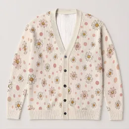 Cream Daisy Polka Dot Motif for Spring Vacations, Date Nights, and Everyday Layering All-over Print Knitted Cardigan