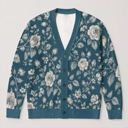 Vintage Teal Rose Botanical Motif for Spring Layering and Everyday Cottagecore Style All-over Print Knitted Cardigan