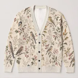 Songbirds and Botanical Branches for Cottagecore Layering and Everyday Nature Style All-over Print Knitted Cardigan