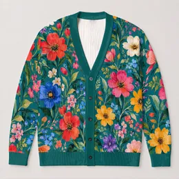 Vibrant Teal Wildflower Garden for Everyday Layering, Vacation Style, and Women Everywhere All-over Print Knitted Cardigan