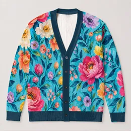 Colorful Painterly Floral Blooms for Everyday Layering and Creative Casual Wardrobes All-over Print Knitted Cardigan