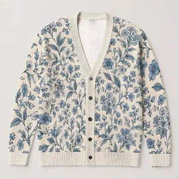 Blue Botanical Wildflower Motifs for Everyday Layering and Casual Women's Wardrobe Style All-over Print Knitted Cardigan