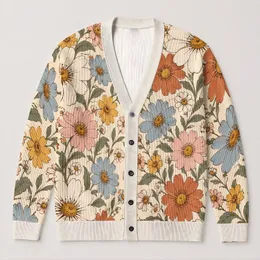 Colorful Bohemian Daisy Blooms for Relaxed Everyday Layering and Weekend Garden Style All-over Print Knitted Cardigan