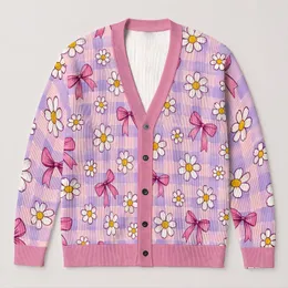 Pink Daisy Bow Checkered Floral Style for Cheerful Everyday Layering and Gifting All-over Print Knitted Cardigan