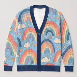 Rainbow Arches and Clouds for Cheerful Everyday Layering, Plus Size Women's Style All-over Print Knitted Cardigan