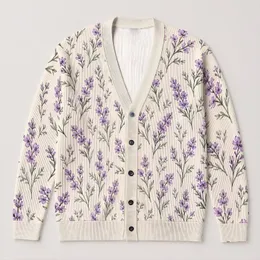 Lavender Wildflower Sprigs for Cottage Garden Style and Everyday Layering for Women All-over Print Knitted Cardigan