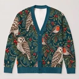 Realistic Owl and Songbird Forest Scene for Cozy Holiday Outings and Weekend Gatherings All-over Print Knitted Cardigan