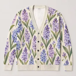 Watercolor Purple Hyacinth Blossoms for Relaxed Everyday Layering and Garden Style All-over Print Knitted Cardigan