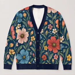 Vibrant Hand-Drawn Floral Blooms for Spring Layering and Everyday Casual Womenswear All-over Print Knitted Cardigan