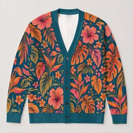 Tropical Coral Floral Leaves for Resort Travel and Everyday Layering Women’s Style All-over Print Knitted Cardigan